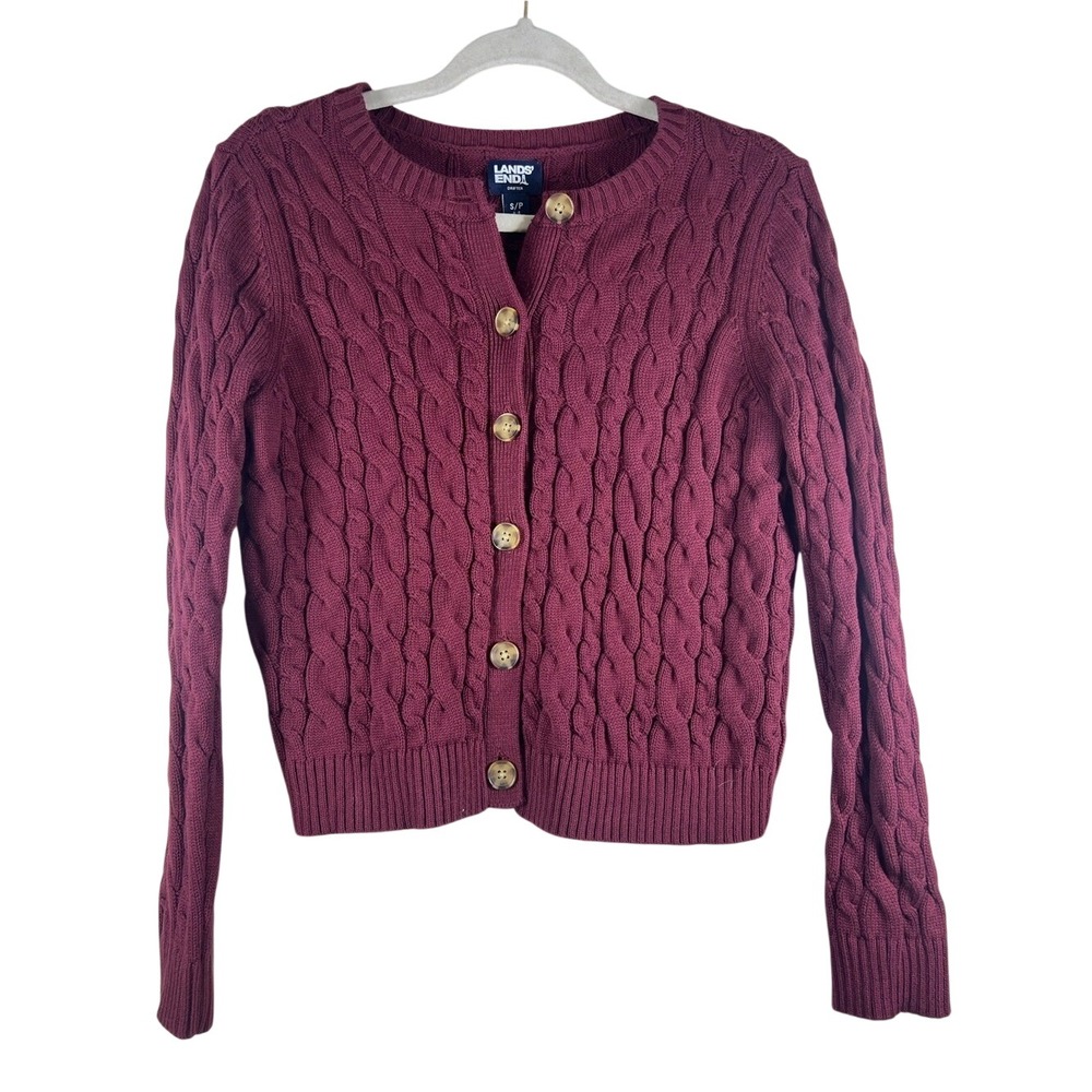 Lands' End Drifter Cable Knit Cardigan Sweater Burgundy Small Petite SP
